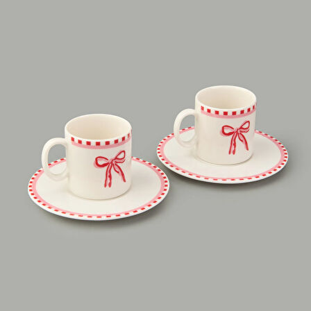 Kitchen Ribbon 2'li Porselen Kahve Fincanı Takımı - Pembe / Beyaz - 110 ml