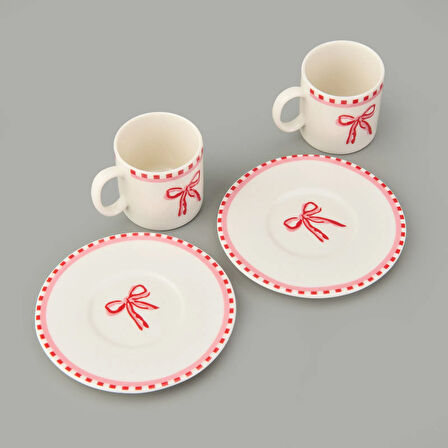 Kitchen Ribbon 2'li Porselen Kahve Fincanı Takımı - Pembe / Beyaz - 110 ml