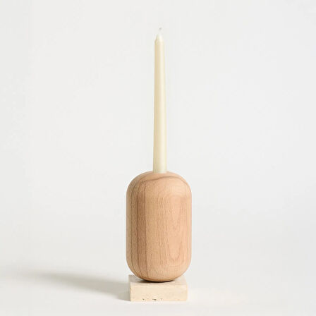 Ahşap Gövdeli Traverten Dekoratif Şamdan - Bej - 18 cm