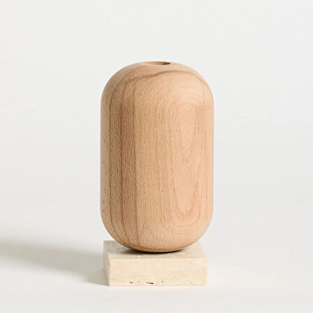 Ahşap Gövdeli Traverten Dekoratif Şamdan - Bej - 18 cm