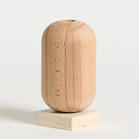 Ahşap Gövdeli Traverten Dekoratif Şamdan - Bej - 18 cm