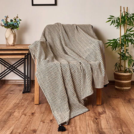 Soft Shiny Koltuk Şalı - Bej / Siyah - 130x170 cm