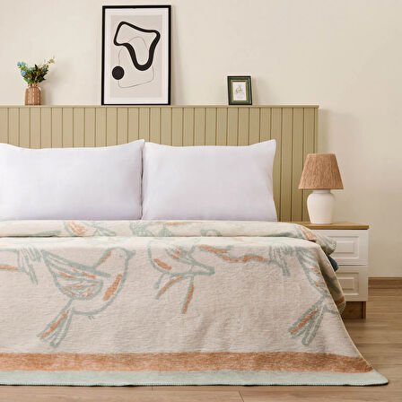 Soft Nava Pamuklu Çift Kişilik Battaniye - Ekru / Yeşil - 200x220 cm