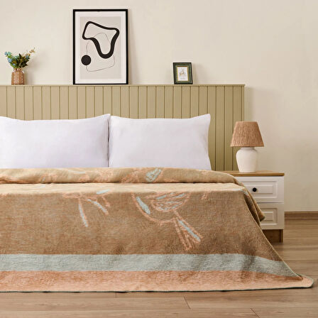 Soft Nava Pamuklu Çift Kişilik Battaniye - Ekru / Yeşil - 200x220 cm