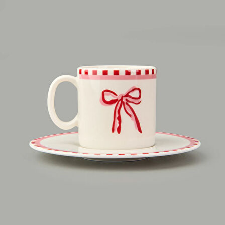Kitchen Ribbon 2'li Porselen Kahve Fincanı Takımı - Pembe / Beyaz - 110 ml