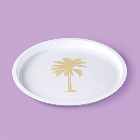 Palm Desenli Yuvarlak Tepsi - Krem / Kahverengi - 24x24 cm