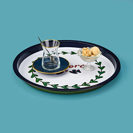 Amore Desenli Yuvarlak Tepsi - Renkli - 35x35 cm