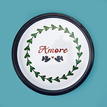 Amore Desenli Yuvarlak Tepsi - Renkli - 35x35 cm