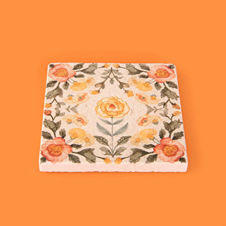 Kitchen Turuncu Çiçekli Taş Bardak Altlığı - Renkli - 10x10 cm