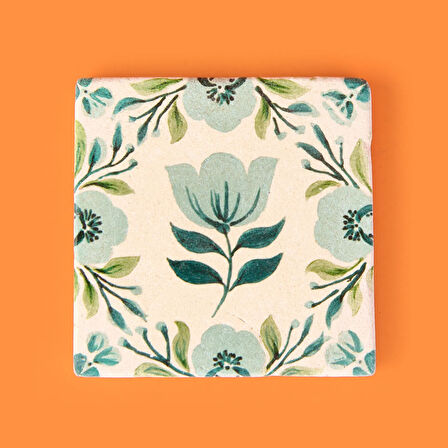 Kitchen Mavi Çiçekli Taş Bardak Altlığı - Renkli - 10x10 cm