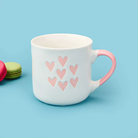 Houseware 7 Kalp Desenli Porselen Kupa - Beyaz / Pembe - 320 ml