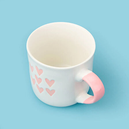 Houseware 7 Kalp Desenli Porselen Kupa - Beyaz / Pembe - 320 ml