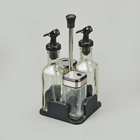 4'lü Cam Tuzluk Yağlık Sirkelik Seti - Şeffaf / Siyah