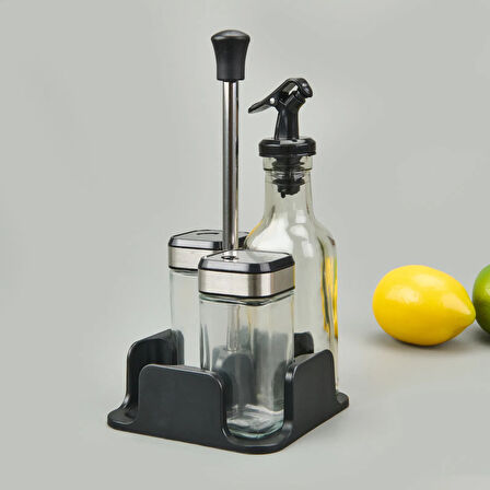 4'lü Cam Tuzluk Yağlık Sirkelik Seti - Şeffaf / Siyah