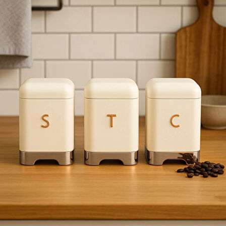 3'lü Galvaniz Kutu Seti - Krem - 1,5 lt