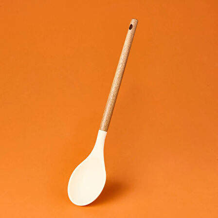 Ahşap Saplı Silikon Kaşık - Krem / Kahverengi