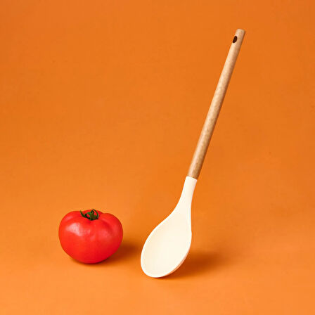 Ahşap Saplı Silikon Kaşık - Krem / Kahverengi