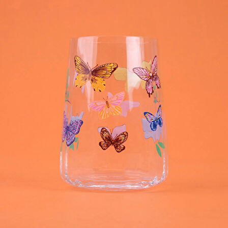 Kitchen Kelebek Figürlü Borosilikat Cam Meşrubat Bardağı - Şeffaf / Renkli - 650 ml