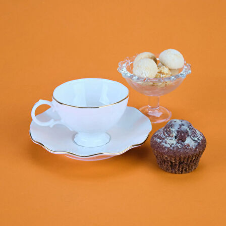 Yaldızlı Bone 12 Parça Kahve Fincan Takımı - Beyaz / Altın