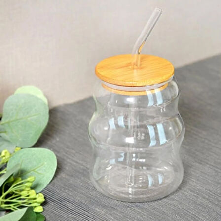 Bambu Kapaklı Pipetli Bardak - Açık Kahverengi / Şeffaf - 450 ml