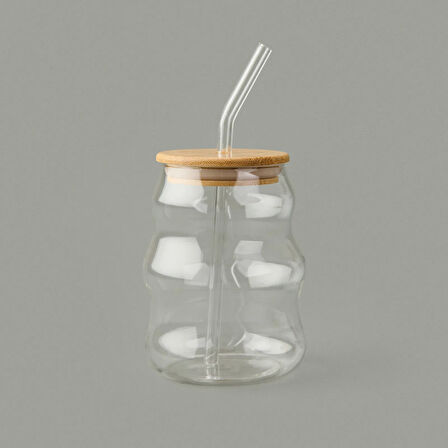 Bambu Kapaklı Pipetli Bardak - Açık Kahverengi / Şeffaf - 450 ml