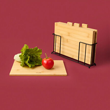 Rino 4'lü Metal Stantlı Kesme Tahtası - Açık Kahverengi - 27 cm