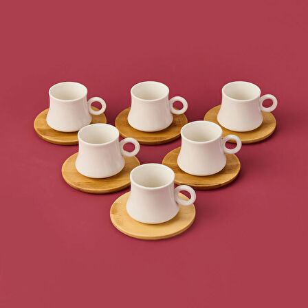 Bambu Tabaklı Dar Fincan Seti - Açık Kahverengi / Beyaz - 100 ml