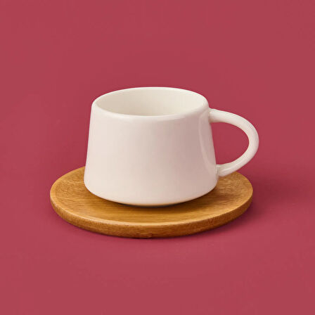 Bambu Tabaklı Fincan Seti - Açık Kahverengi / Beyaz - 90 ml