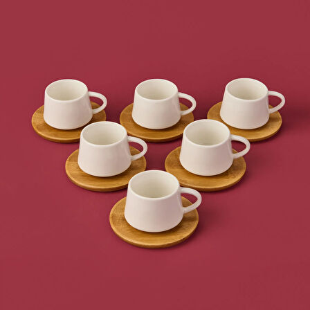 Bambu Tabaklı Fincan Seti - Açık Kahverengi / Beyaz - 90 ml