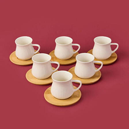 Bambu Tabaklı Çizgili Fincan Seti - Açık Kahverengi / Beyaz - 100 ml