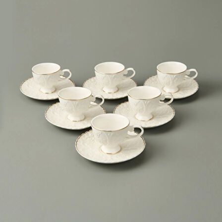 Kitchen 12 Parça Porselen Kahve Fincan Seti - Beyaz / Altın