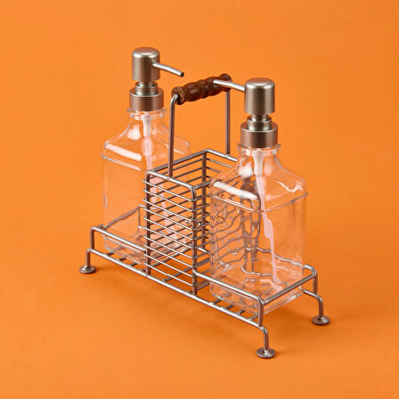 Bland 2'li Metal Stantlı Cam Sıvı Sabunluk - Şeffaf / Gri - 200 ml