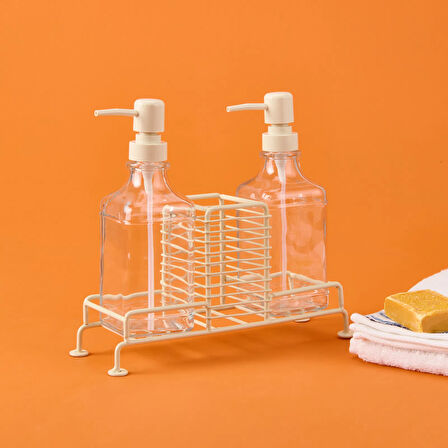 Cream 2'li Metal Stantlı Cam Sıvı Sabunluk - Şeffaf / Krem - 200 ml