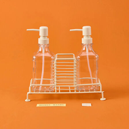 Cream 2'li Metal Stantlı Cam Sıvı Sabunluk - Şeffaf / Krem - 200 ml