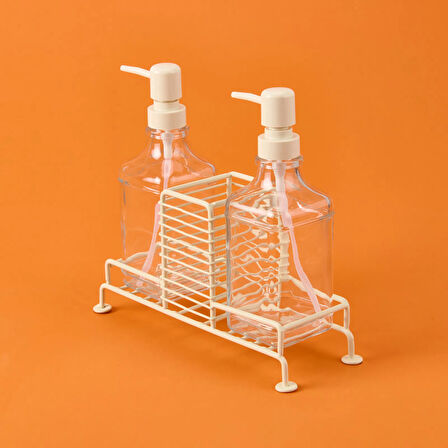 Cream 2'li Metal Stantlı Cam Sıvı Sabunluk - Şeffaf / Krem - 200 ml