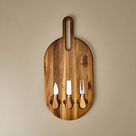 Akasya Bıçaklı Oval Peynir Sunum Tahtası - Kahverengi - 48x22 cm