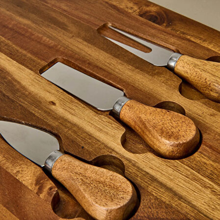 Akasya Bıçaklı Oval Peynir Sunum Tahtası - Kahverengi - 48x22 cm