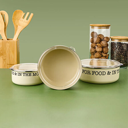 3'lü Emaye Saklama Kabı - Krem