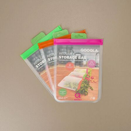 Yıkanabilir 3'lü Gıda Saklama Poşeti - Renkli - 19x25 cm