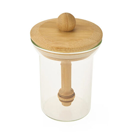 Bambu Kaşıklı Bal Kavanozu - Şeffaf - 14,5 cm