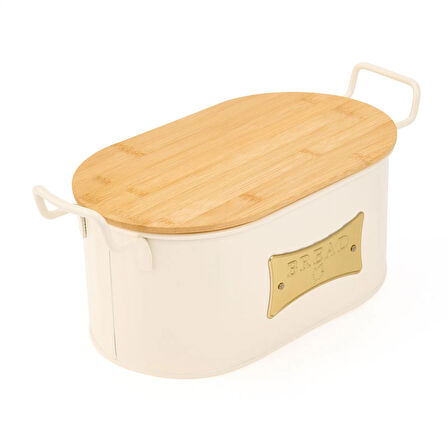 Ahşap Kesme Tahtalı Ekmek Kutusu - Krem - 33 cm