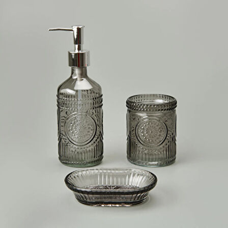 Bath 3'lü Cam Banyo Sıvı Sabunluk Seti - Antrasit