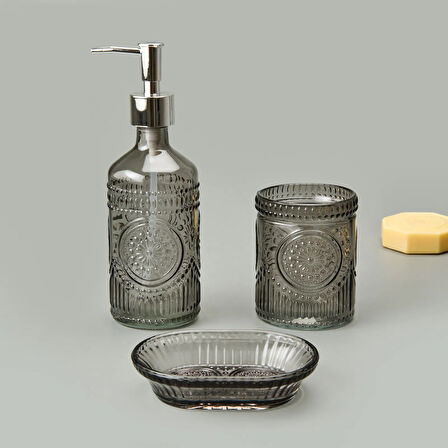 Bath 3'lü Cam Banyo Sıvı Sabunluk Seti - Antrasit