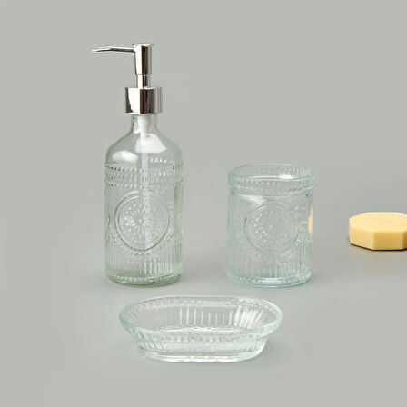 Bath 3'lü Cam Banyo Sıvı Sabunluk Seti - Şeffaf