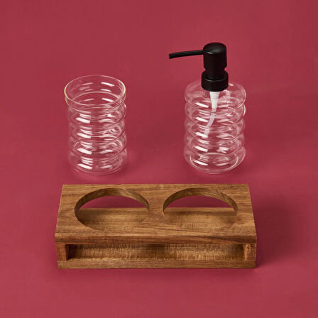 Cam 2'li Halka Sıvı Sabunluk Seti - Şeffaf / Gri / Kahverengi