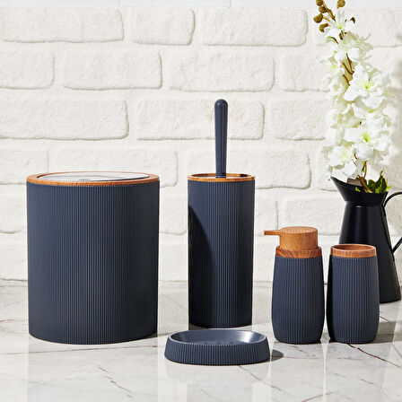 Bath Ahşap Desenli 5 li Banyo Seti - Antrasit