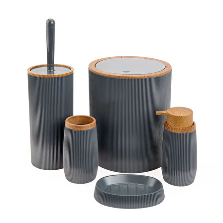 Bath Ahşap Desenli 5 li Banyo Seti - Antrasit