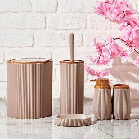 Bath Ahşap Desenli 5 li Banyo Seti - Bej