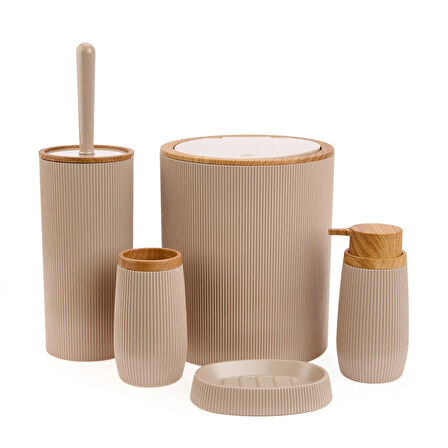 Bath Ahşap Desenli 5 li Banyo Seti - Bej