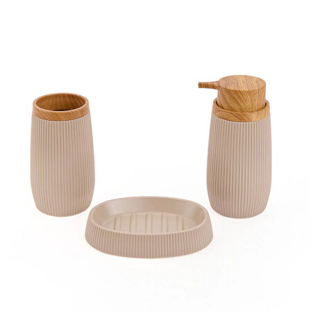 Bath Ahşap Desenli 5 li Banyo Seti - Bej